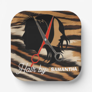 Hair Stylist Custom Name Tiger Print Salon Bag Paper Plates