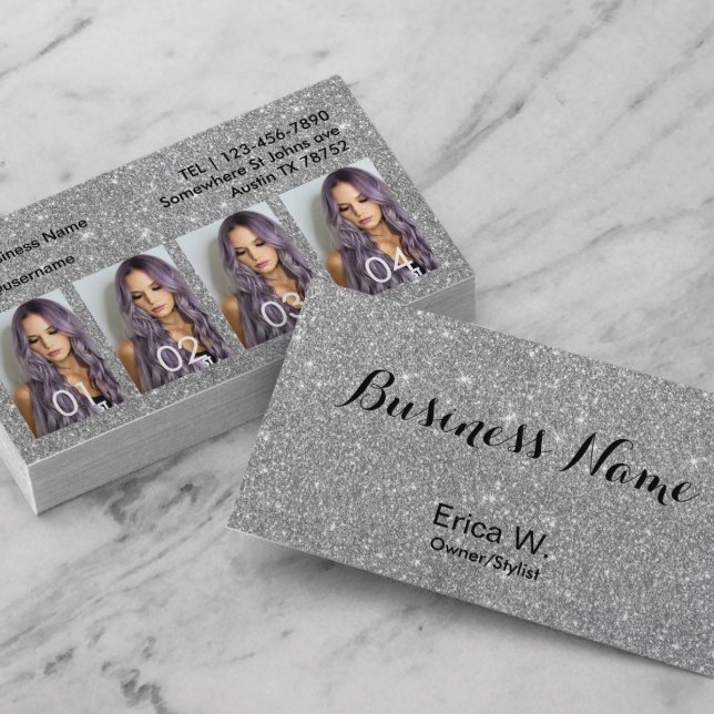 Hair Stylist Custom Photo Modern Silver Glitter Business Card