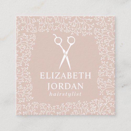 Hair Stylist Cute Rustic Floral Frame Blush Pink Square Business Card