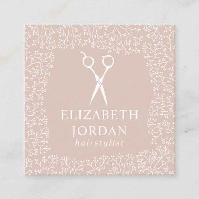 Hair Stylist Cute Rustic Floral Frame Blush Pink Square Business Card (Front)