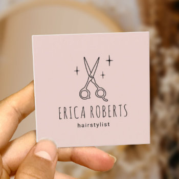 Hair Stylist Cute Scissor Minimalist Blush Pink Square Business Card by cardfactory at Zazzle