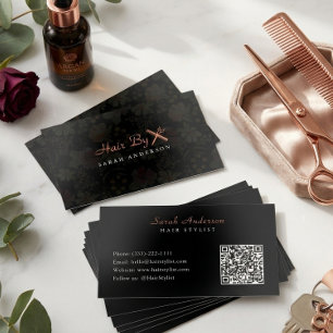 Hair Stylist Dark Floral Rose Gold QR Code Foil Business Cards