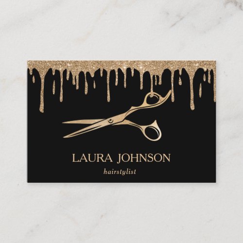 Hair Stylist Dripping Gold Glitter Scissors Business Card