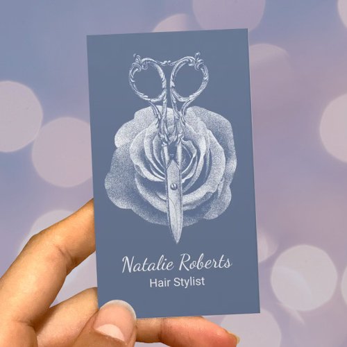 Hair Stylist Dusty Blue Scissor  Flower Salon Business Card
