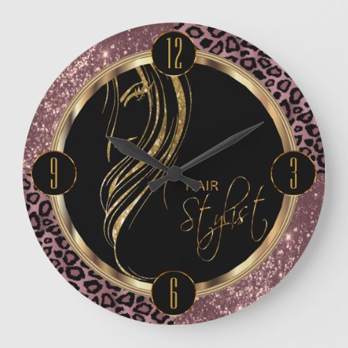 Hair Stylist Dusty Rose Glitter and Leopard Print Large Clock