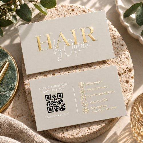 Hair Stylist Earthy Neutral QR Code Foil Spot Gloss Business Cards