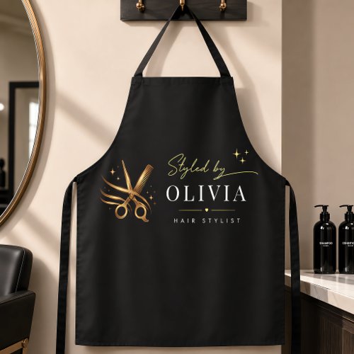 Hair Stylist Elegant Black Gold Scissors Custom Apron