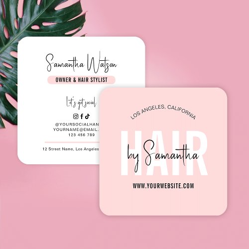 Hair Stylist Elegant Chic Feminine Blush Pink Logo Square Business Card