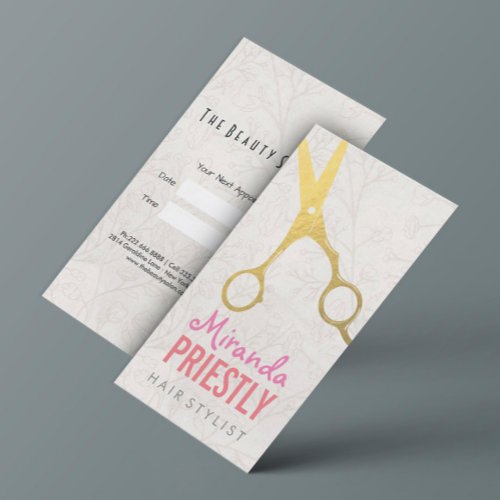 Hair Stylist Elegant Faux Gold Scissors Floral Appointment Card