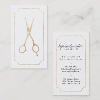 Hair stylist elegant faux gold scissors white chic business card