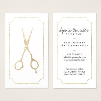 Salon Business Cards 16000 Card Templates Hair Stylist Elegant Faux Gold Scissors White Chic Business Card