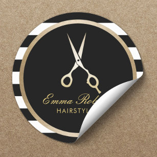 Hair Stylist Elegant Gold Scissor Modern Stripes Classic Round Sticker