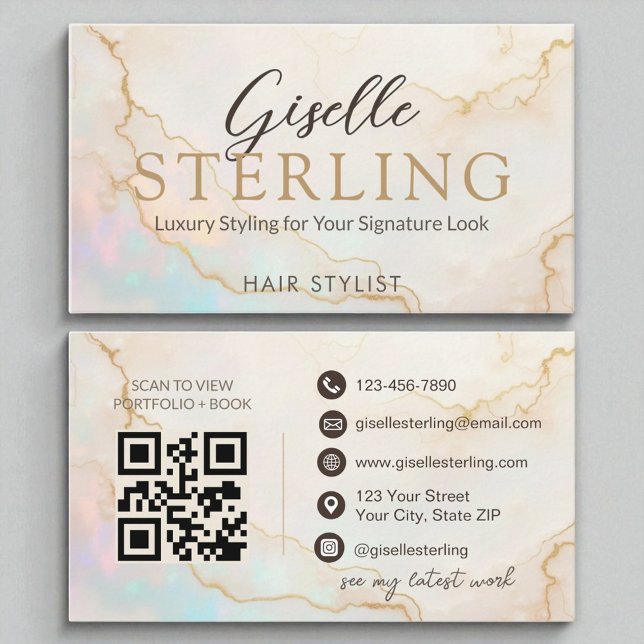 Hair Stylist Elegant Pearl Opal Gold Script Modern Business Card (Creator Uploaded)