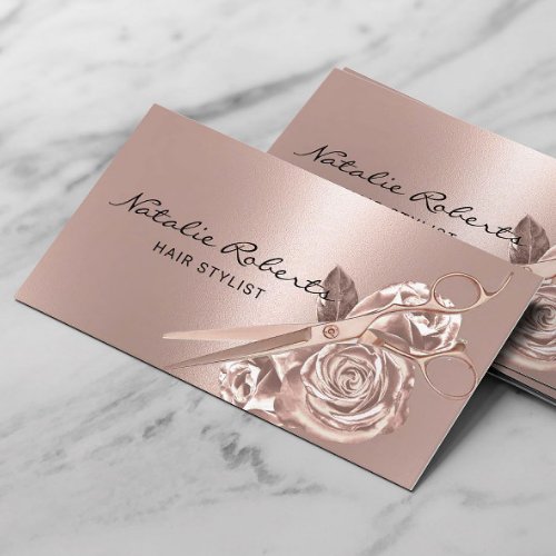 Hair Stylist Elegant Rose Gold Scissor  Flowers Business Card