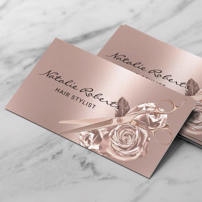 Hair Stylist Elegant Rose Gold Scissor & Flowers Business Card (Creator Uploaded)