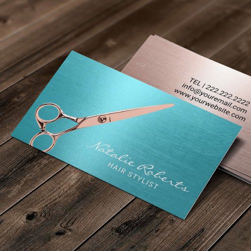 Hair Stylist Elegant Rose Gold Scissor Turquoise Business Card