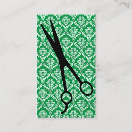 Customizable hair stylist emerald green damask scissors cosmo business card templates