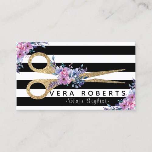 Hair Stylist Floral Gold Glitter Scissors Appointment Card