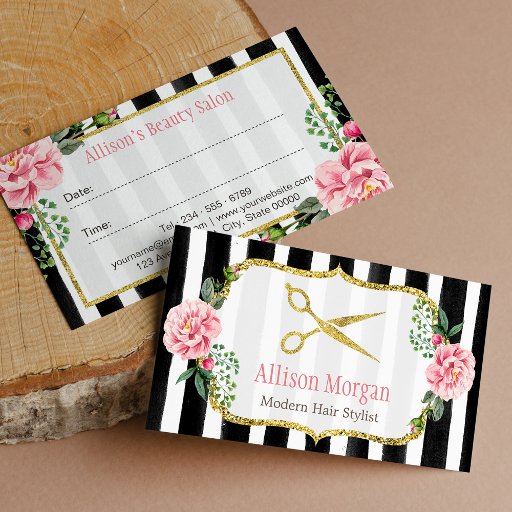 Customizable Hair Stylist Floral Gold Scissors Appointment Card Business Card
