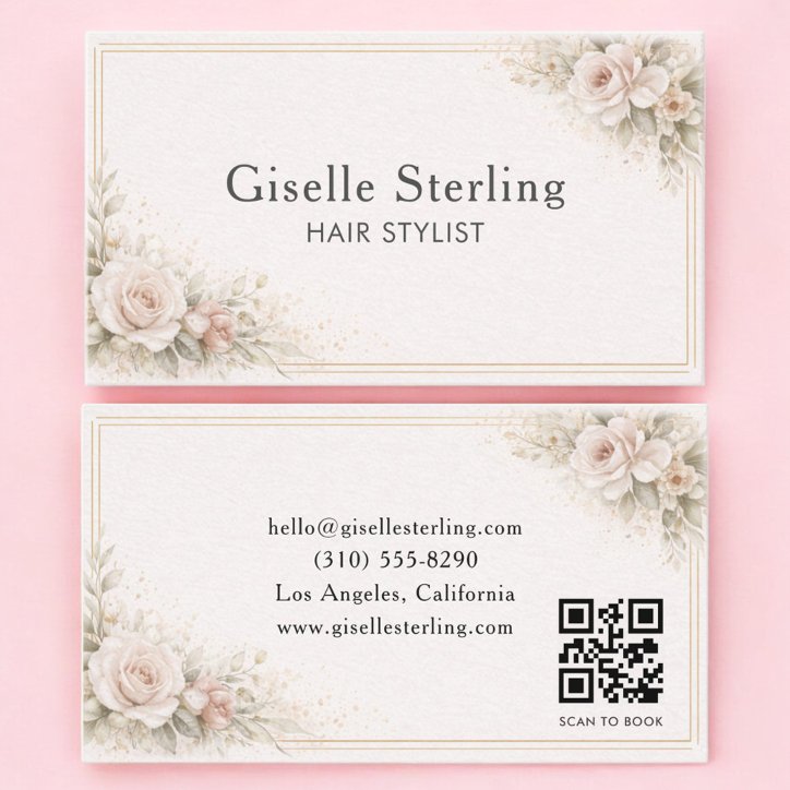 Hair Stylist Floral Neutral QR Code Professional Business Card