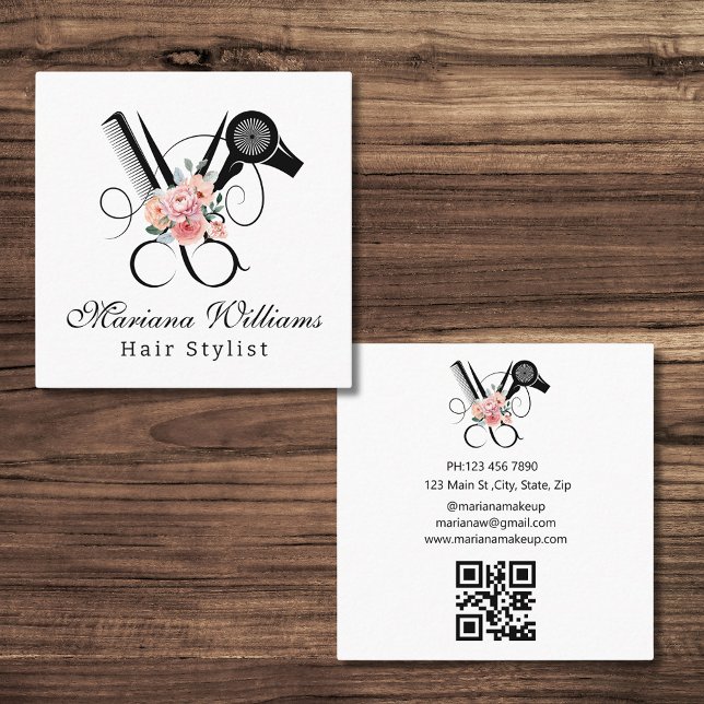 hair stylist floral Scissor qr code stylish Square Business Card (Creator Uploaded)