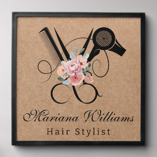 hair stylist floral Scissors brown kraft sign Peel And Stick Photo Tile