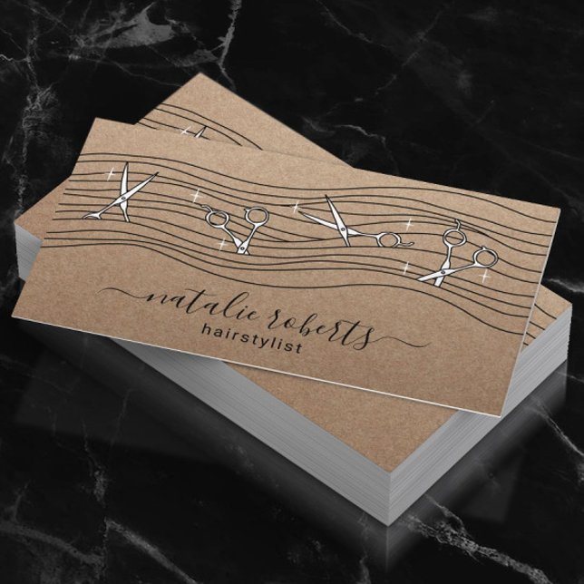 Hair Stylist Flowing Scissors Rustic Kraft Salon Business Card (Creator Uploaded)