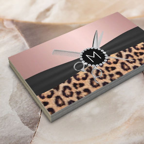 Hair Stylist Foil Rose Gold Monogram Leopard Business Card