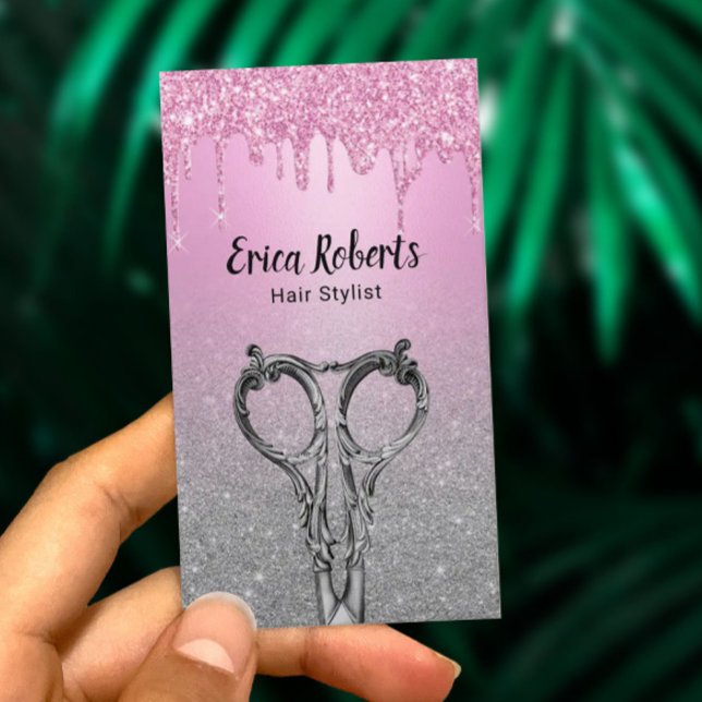 Hair Stylist Girly Pink Drips Silver Glitter Salon Business Card (Creator Uploaded)