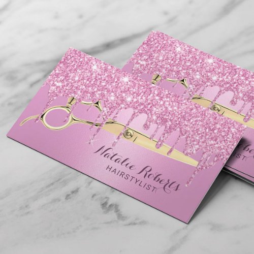 Hair Stylist Girly Pink Glitter Drips Beauty Salon Business Card