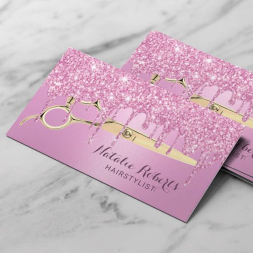 Customizable Hair Stylist Girly Pink Glitter Drips Beauty Salon Business Card