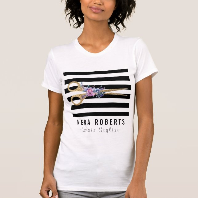 Hair Stylist Glitter Scissor Beauty Striped Floral T-Shirt (Front)