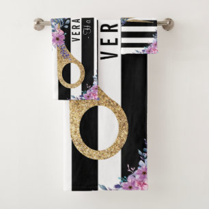Hair Stylist Glitter Scissor Beauty stripes floral Bath Towel Set