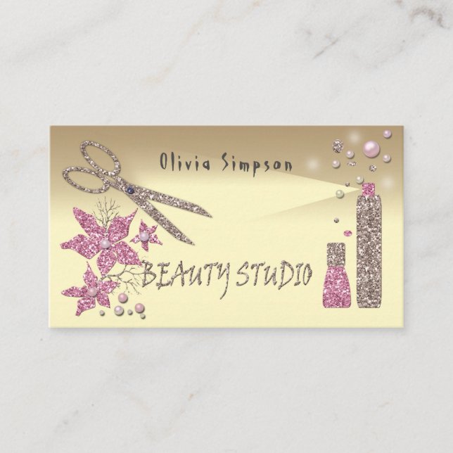 Hair Stylist Glitter Shiny Scissor Flowers Beauty Business Card (Front)