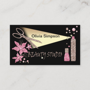 Hair Stylist Glitter Shiny Scissor Flowers Beauty Business Card