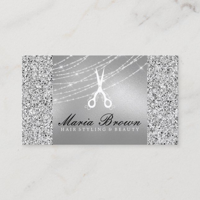 Hair stylist Glitter Silver Luxury Business Card (Front)