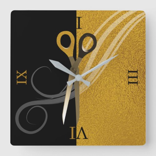 Hair Stylist Gold  Black Scissors  Hair Salon Square Wall Clock