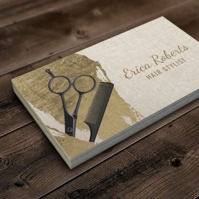 Hair Stylist Gold Brush Stroke Elegant Linen Business Card (Creator Uploaded)