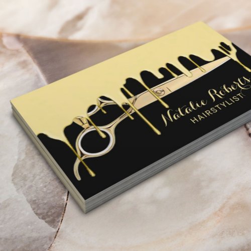 Hair Stylist Gold Dripping Golden Scissor Salon Business Card