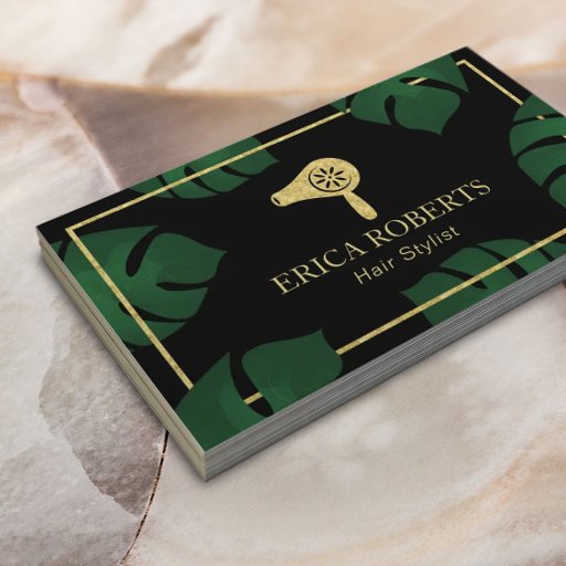 Customizable Hair Stylist Gold Dryer Logo Tropical Salon Spa Business Card