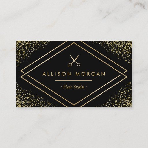 Customizable Hair Stylist Gold Glitter Confetti Scissors Logo Business Card