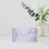 Hair Stylist Gold Glitter Saloon Linen Lavender Business Card (Standing Front)