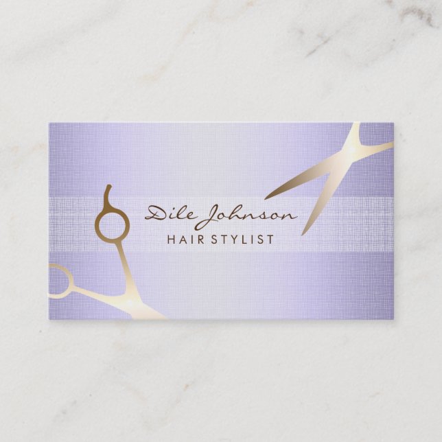 Hair Stylist Gold Glitter Saloon Linen Lavender Business Card (Front)