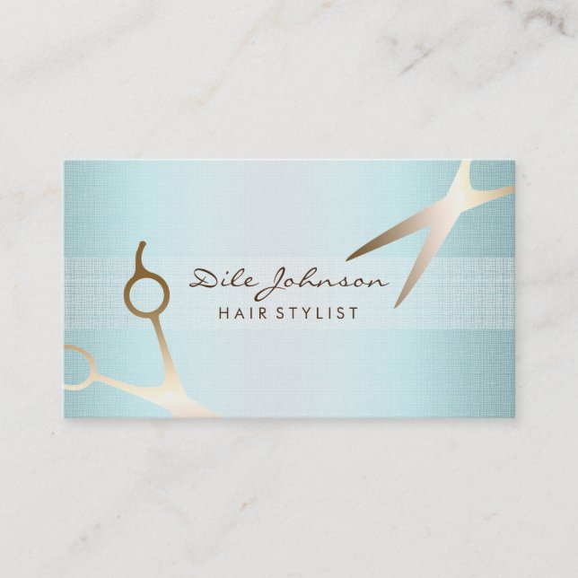 Hair Stylist Gold Glitter Saloon Linen Sea Blue Business Card (Front)