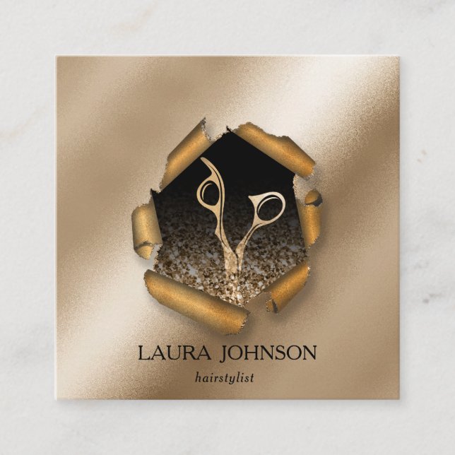 Hair Stylist Gold Glitter Scissors Square Business Card (Front)