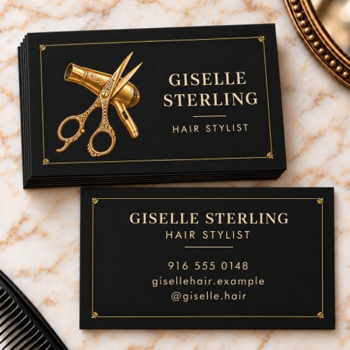 Hair Stylist Gold Hairdryer Scissors Black Salon Business Card