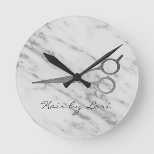 Hair Stylist Gold Marble Scissors Personalized Rou Round Clock