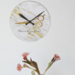 Hair Stylist Gold Marble Scissors Personalized Round Clock<br><div class="desc">This design was created though digital art. It may be personalized in the area provided by changing the photo and/or text. Or it can be customized by choosing the click to customize further option and delete or change the color the background, add text, change the text color or style, or...</div>