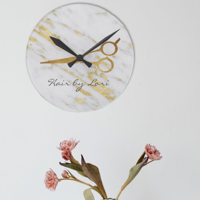 Hair Stylist Gold Marble Scissors Personalized Round Clock (Creator Uploaded)