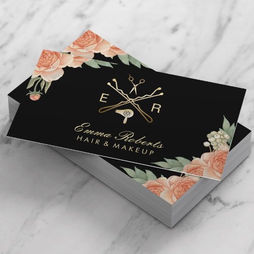 Hair Stylist Gold Salon Logo Vintage Floral Business Card